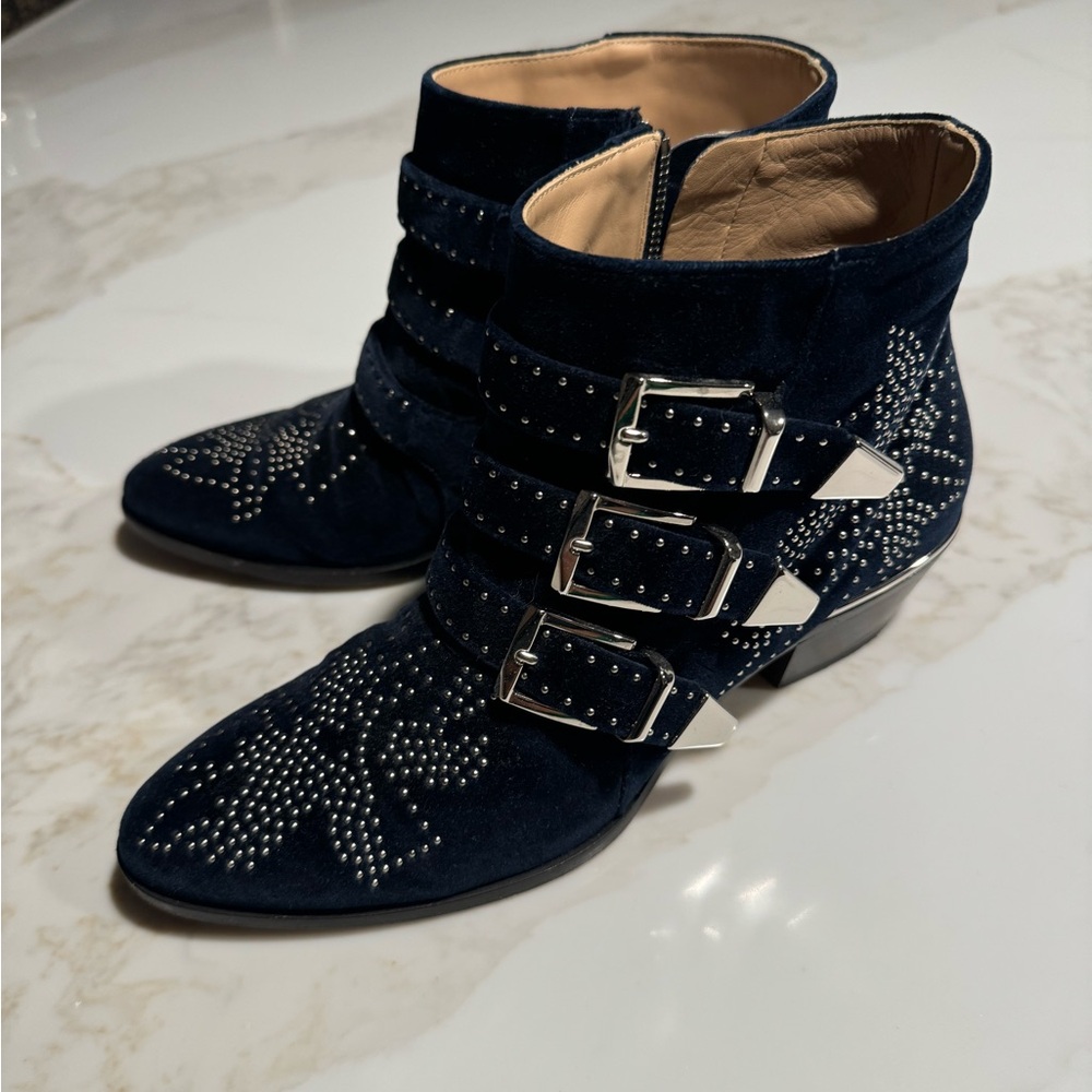 Chloe Midnight Blue velvet Studded Ankle Boots - Picture 2 of 5